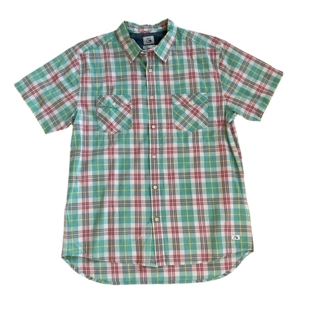 Quiksilver Men's Plaid throwback Short Sleeve Shirt - Green and Pink 🩷💚